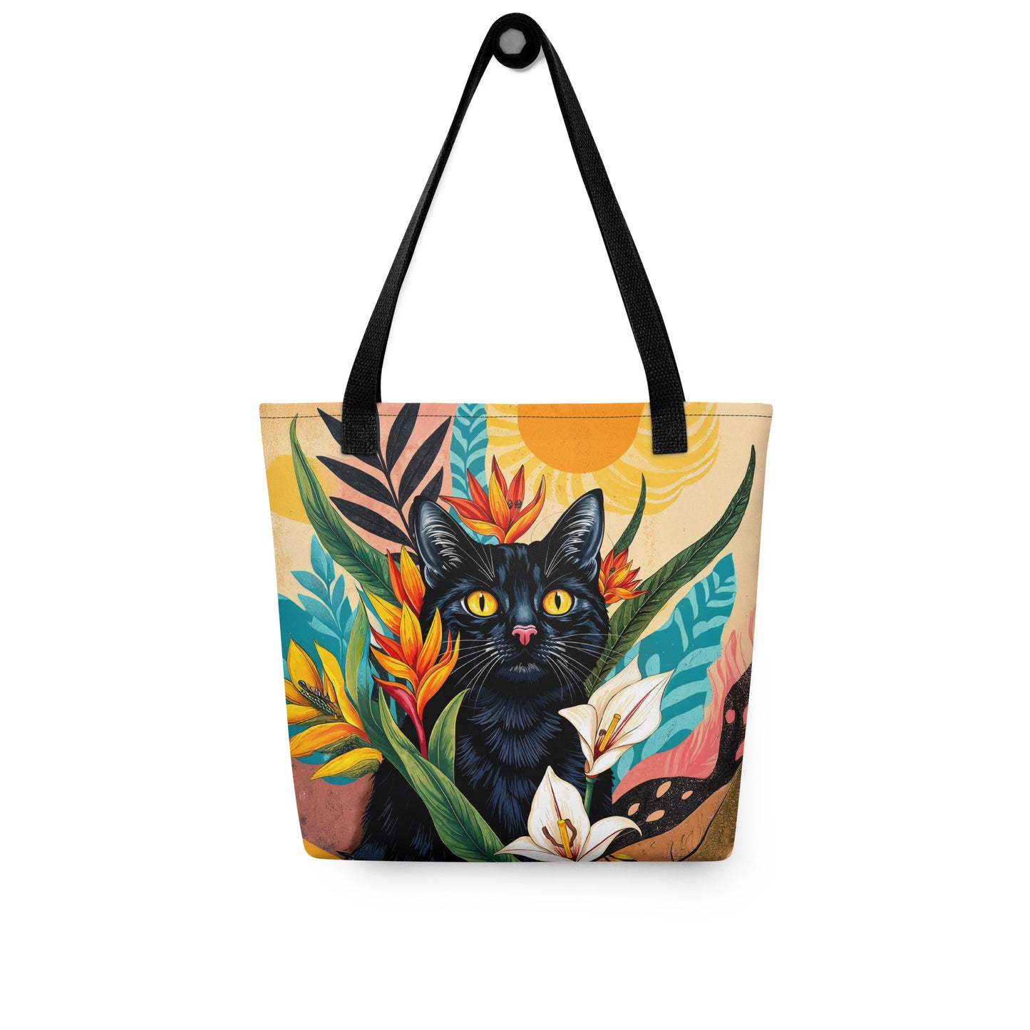 Tote bag with a black cat and tropical flowers design