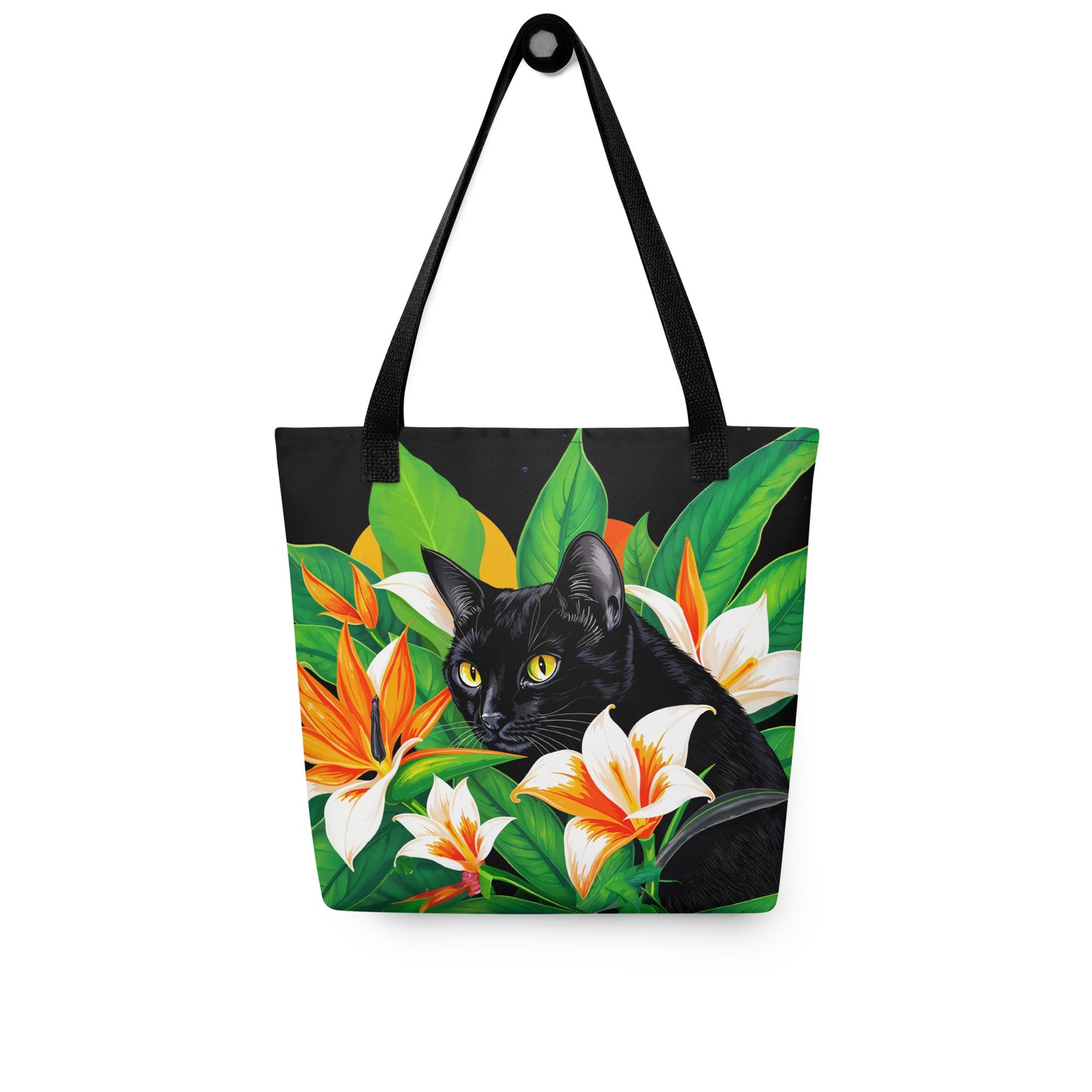 Tote bag with a black cat and tropical flowers design on a white background