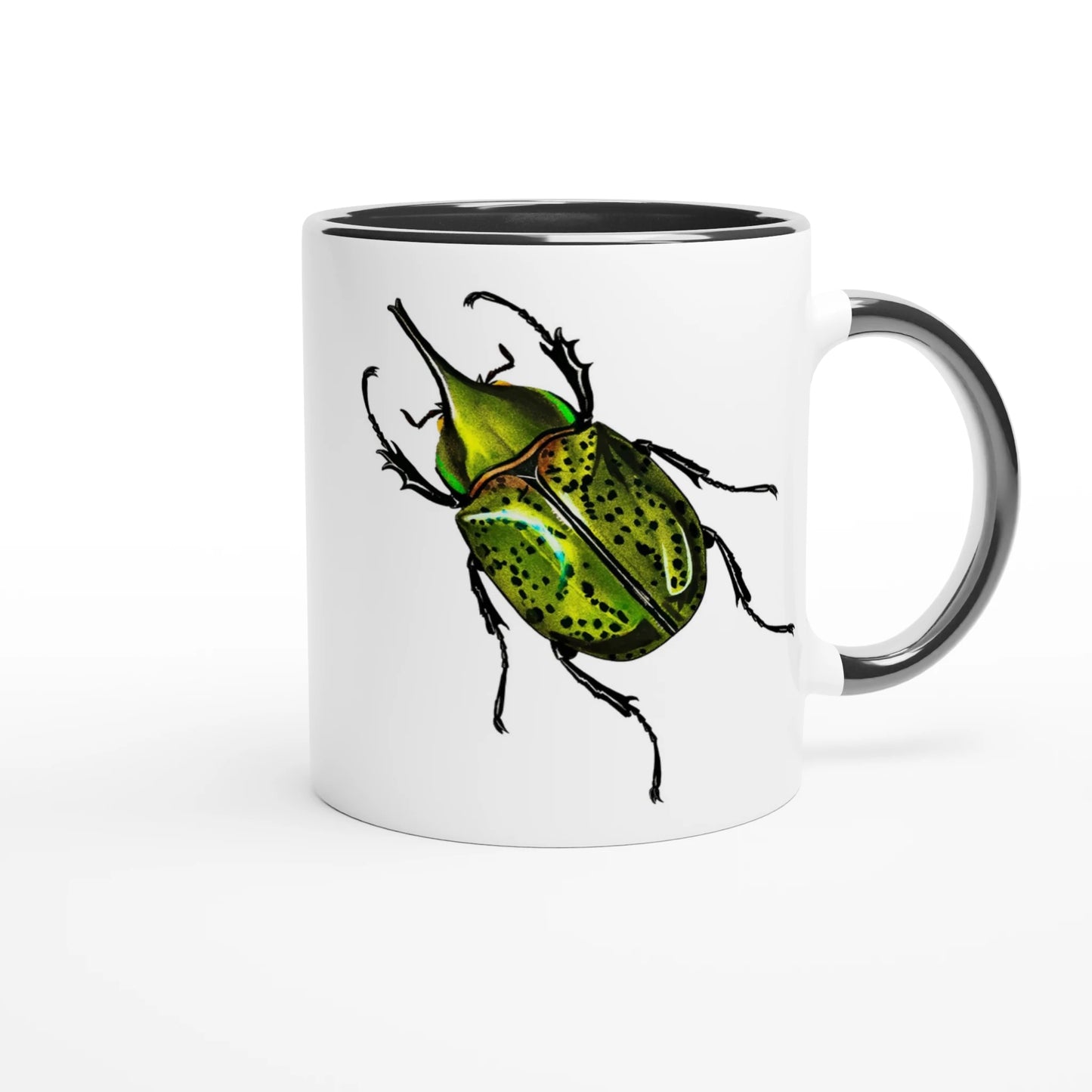 vibrant green Hercules beetle design on a white coffee mug