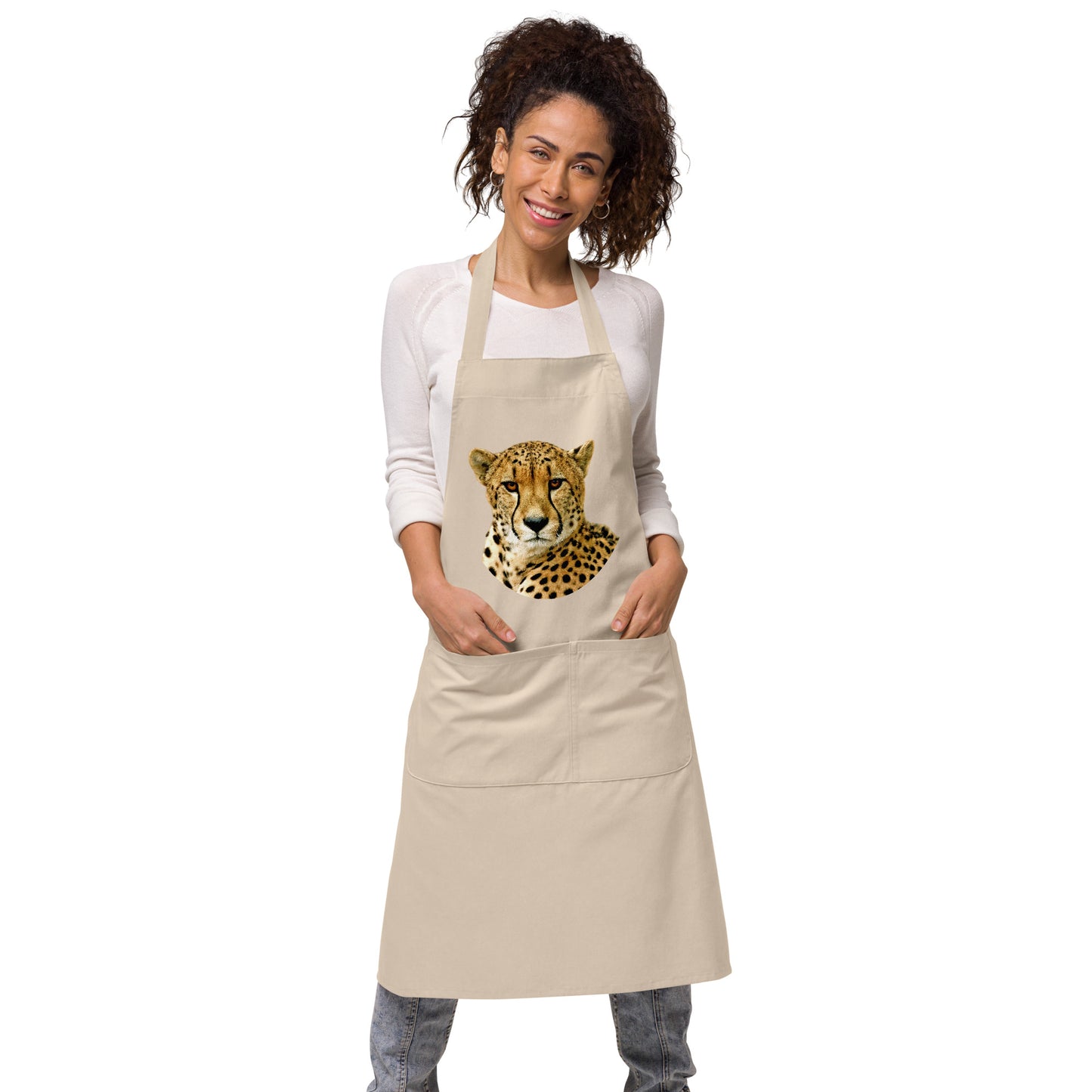 cheetah head image on a neutral coloured apron