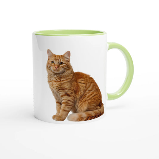 sitting ginger cat design on a white coffe mug with a green handle