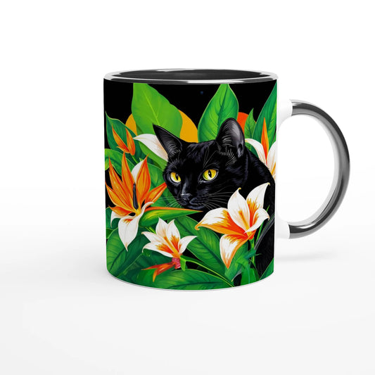 coffee mug with a black cat and tropical flowers design on a white background