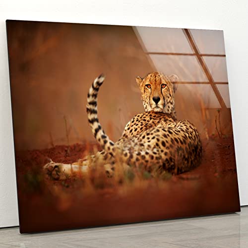 glass wall art featuring a cheetah with a golden background displayed against a white wall