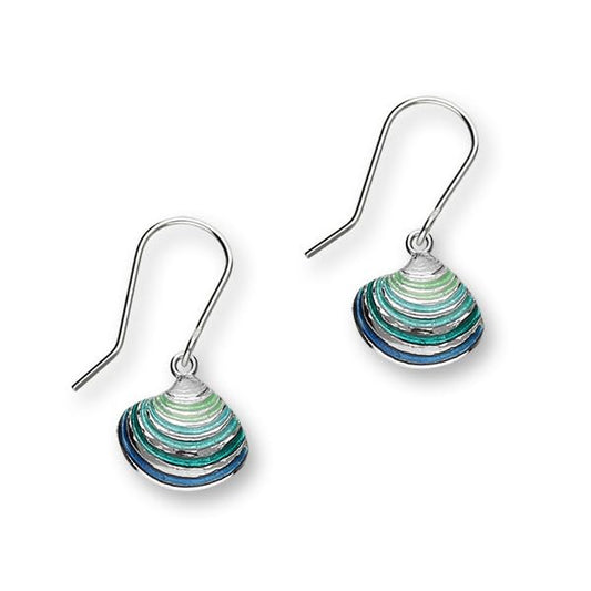 shell design drop earings in sterling silver and blue green enamel on a white background