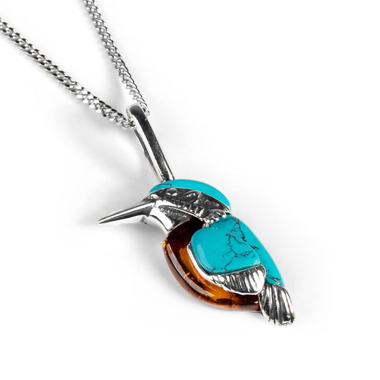 kingfisher design necklace in silver and gemstone