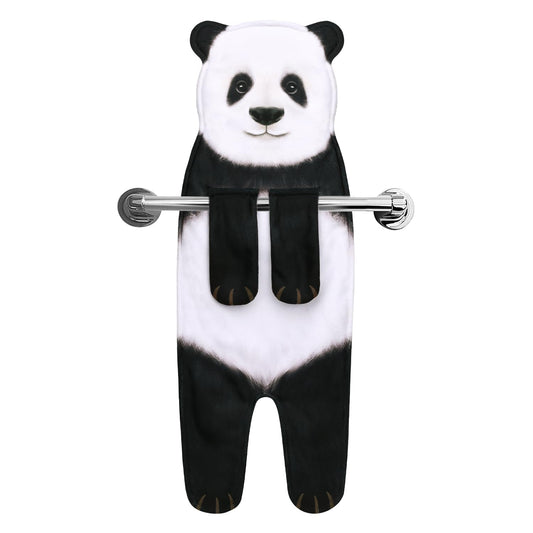 Panda-shaped towel hanging on a towel rail on a white background