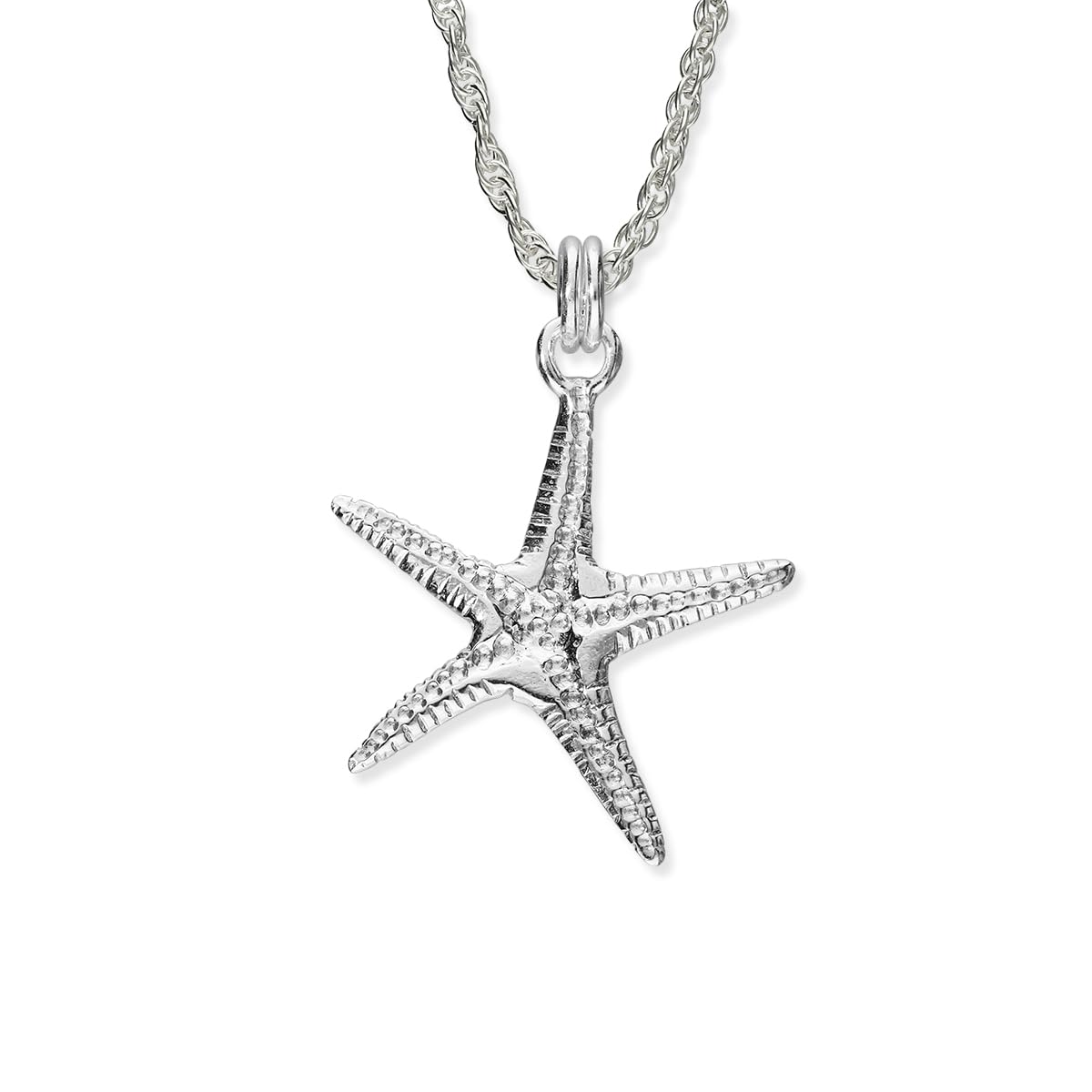 silver starfish design pendant necklace on a white background