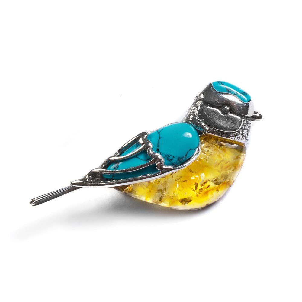 blue tit design silver turquoise and amber brooch pin