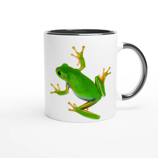 green tree frog on a white coffee mug