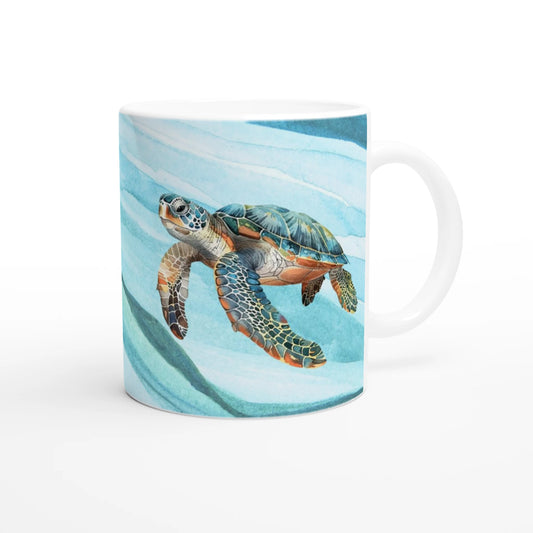 coffee mug with a sea turtle design on a blue wave background