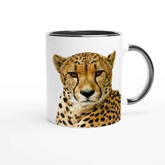 cheetah head on a white ceramic coffee mug