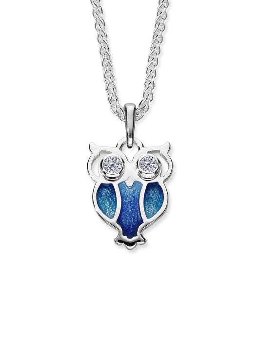 owl pendant necklace in silver with hot glass enamel and cubic zirconia