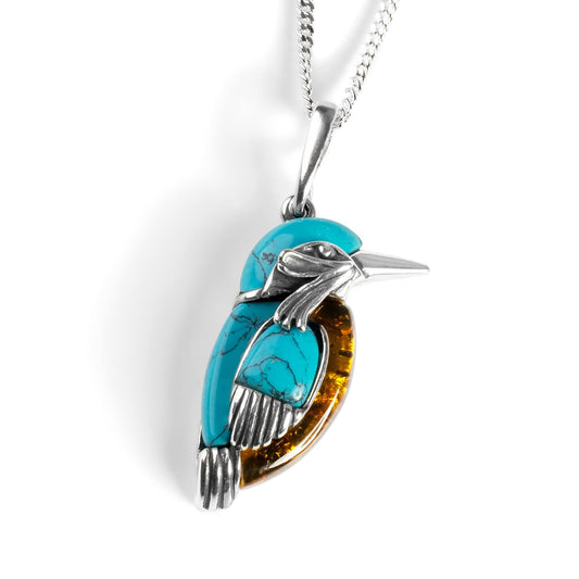 kingfisher design necklace in silver amber and turquoise on a white background