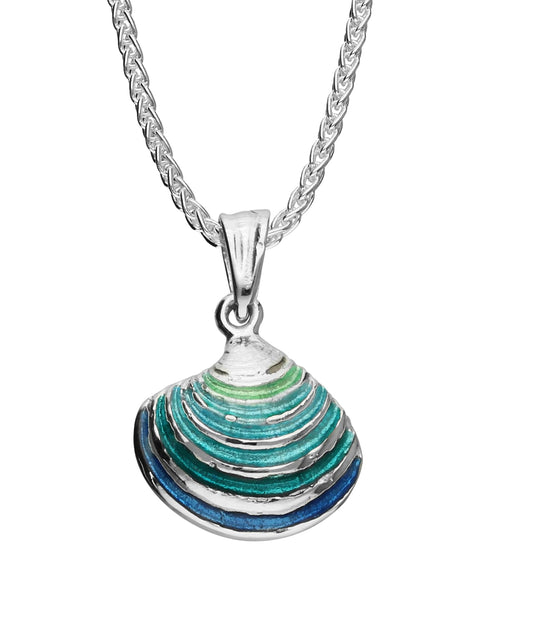 shell design necklace in sterling silver and blue green enamel on a white background