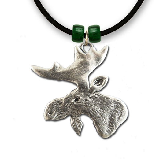 Silver moose pendant on a black cord with green beads against a white background