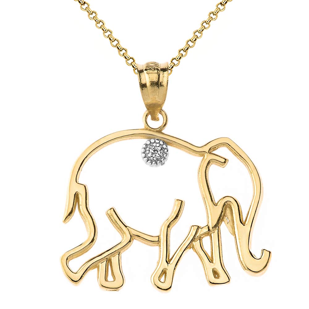 Gold elephant pendant necklace with a small diamond on a white background