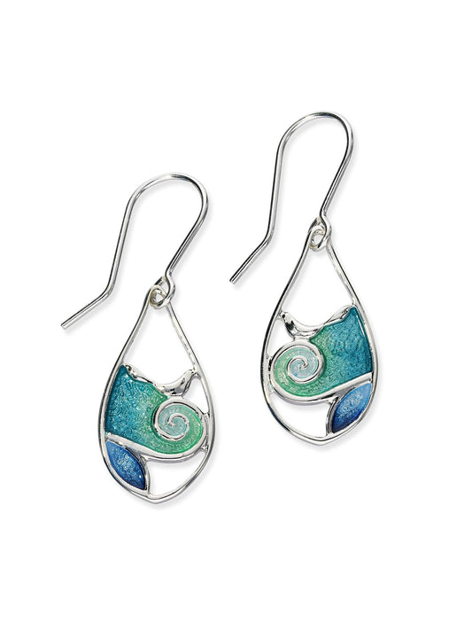silver rop earings with a sea wave design in blue green enamel