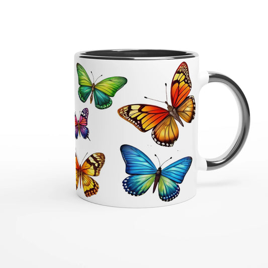 colourful butterflies decorating a white coffee mug with a black handle