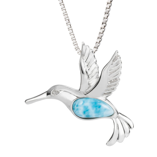 silver hummingbird necklace pendant with blue gemstone