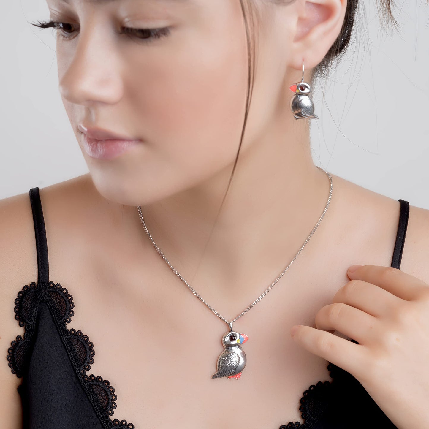 Puffin Necklace in Sterling Silver and Amber