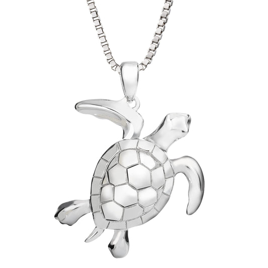 silver sea turtle pendant on a box chain against a white background