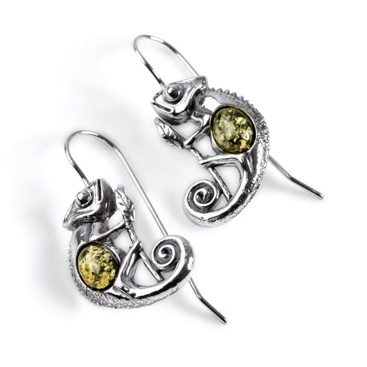 chameleon design silver and green amber dangle drop earings