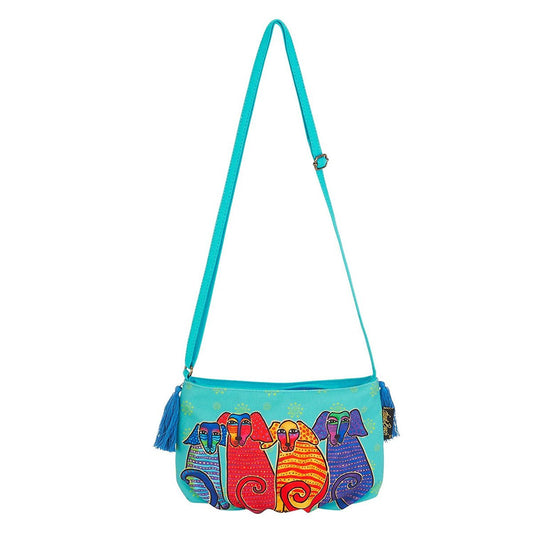 Colorful crossbody bag with abstract dog design on turqiose