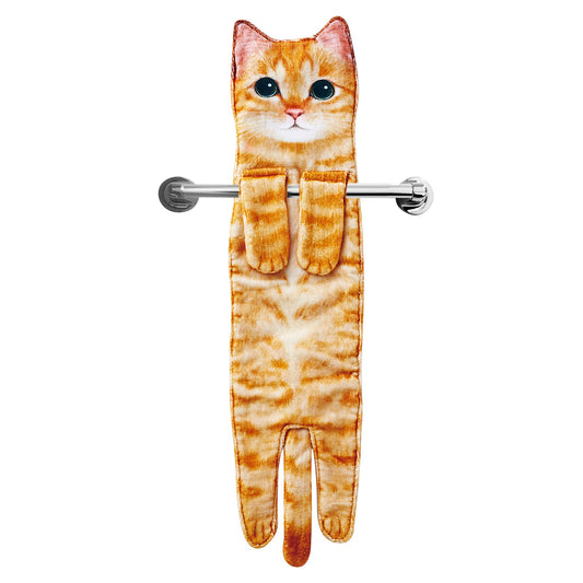 hand towel designed as a ginger cat and hanging on a rail