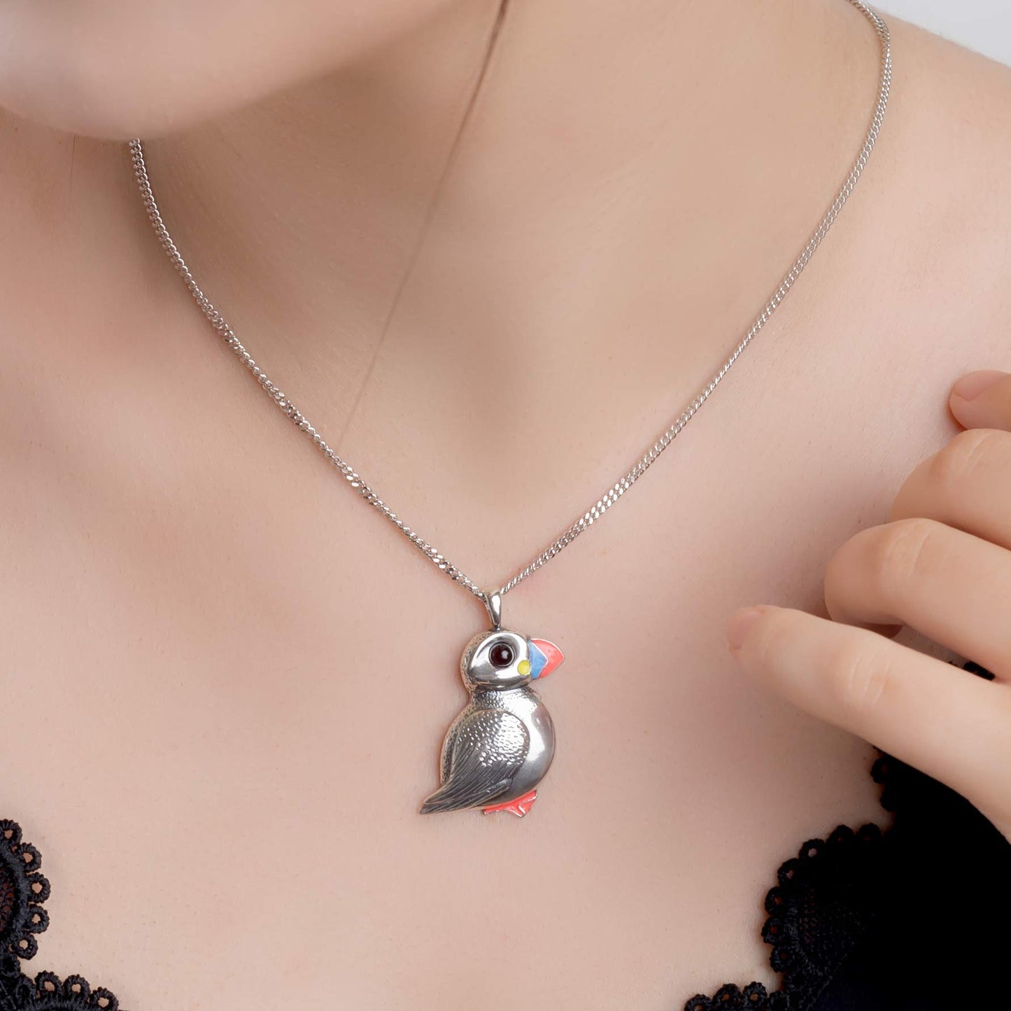 Puffin Necklace in Sterling Silver and Amber