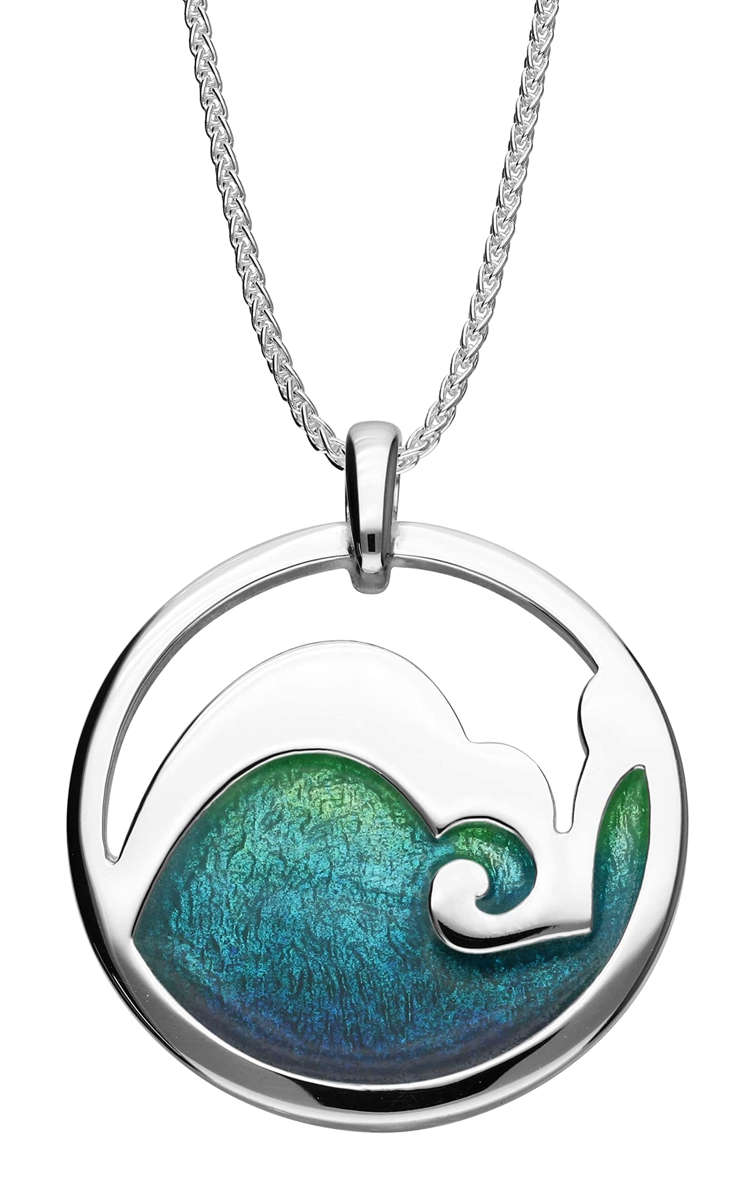 ocean wave design pendant necklace in silver and blue green enamel on a white background