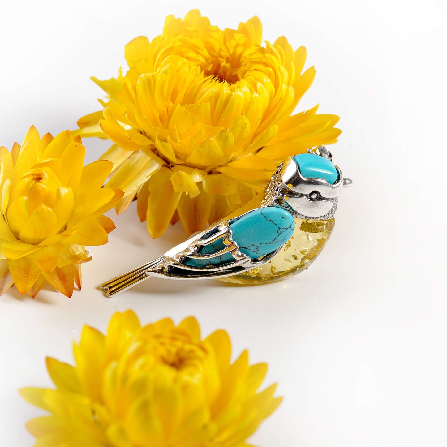 Blue Tit Silver and Gemstone Brooch Pin