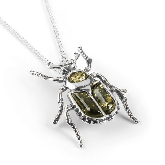 noble chafer beetle pendant necklace in silver and green amber