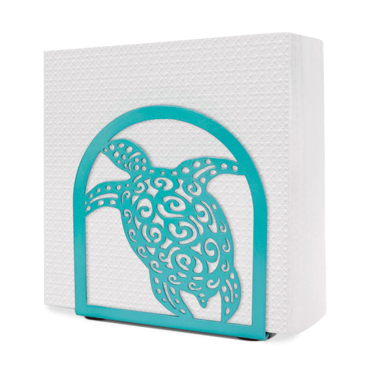 sea turtle napkin holder in teal coloured metal on a white background