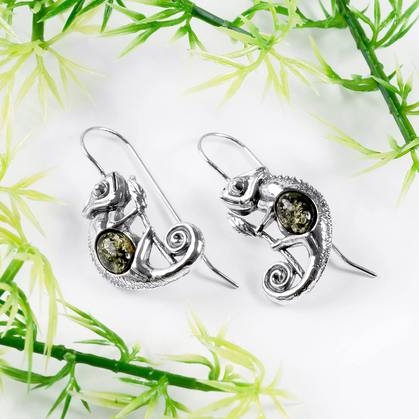 Chameleon Silver Hook Dangle Drop Earrings