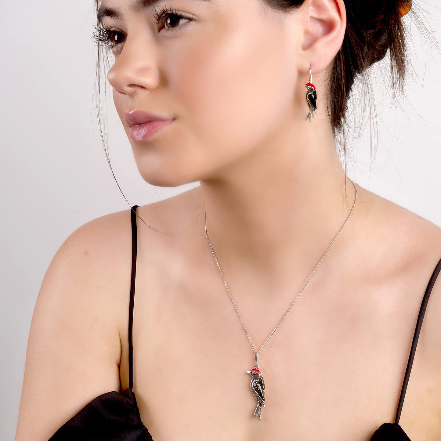 Woodpecker Bird Necklace in Silver, Coral and Baltic Amber