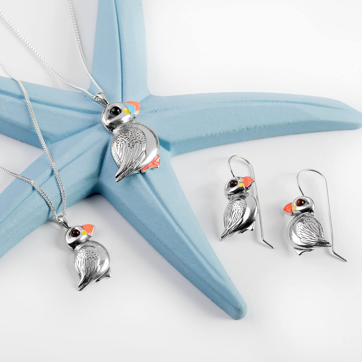 Puffin Necklace in Sterling Silver and Amber