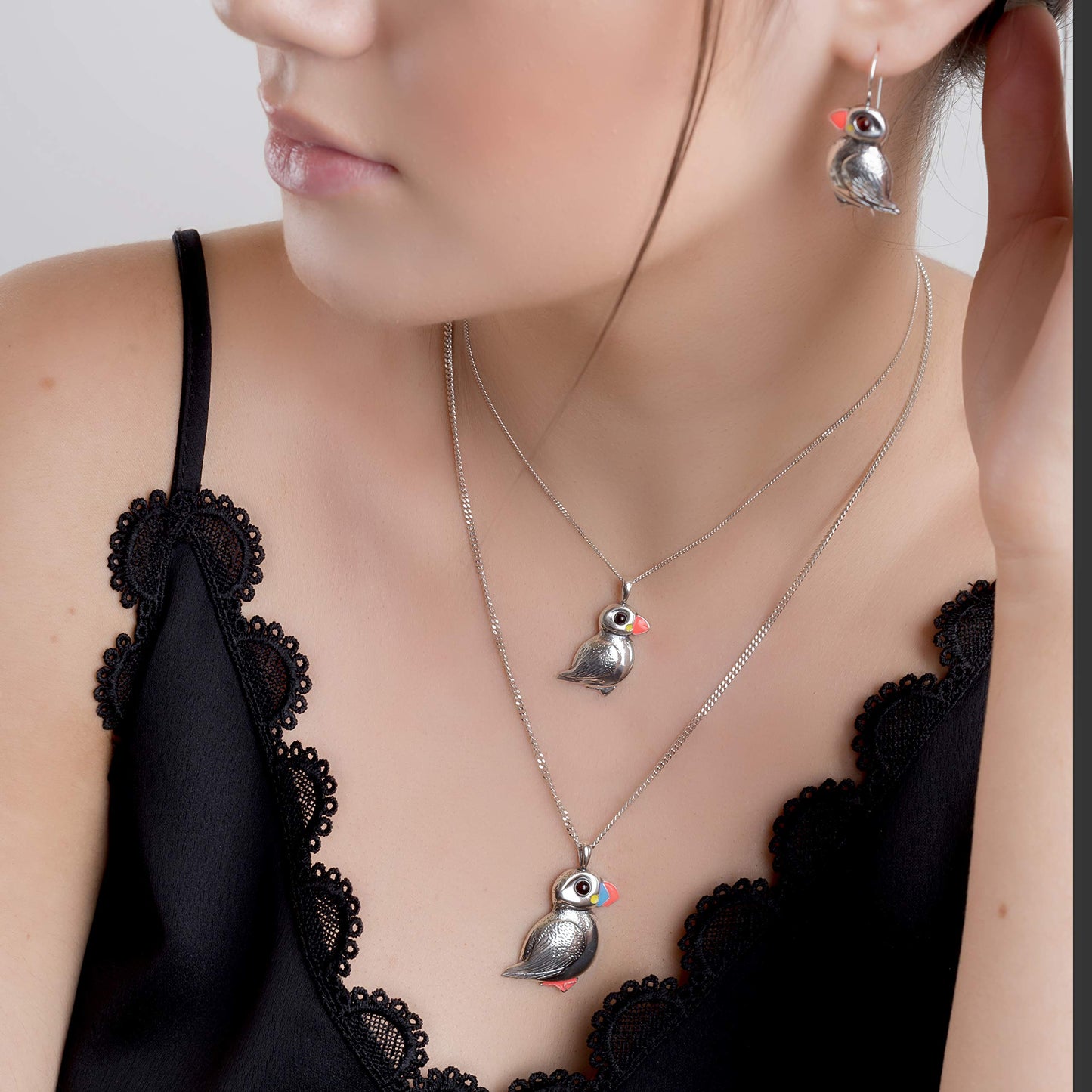 Puffin Necklace in Sterling Silver and Amber