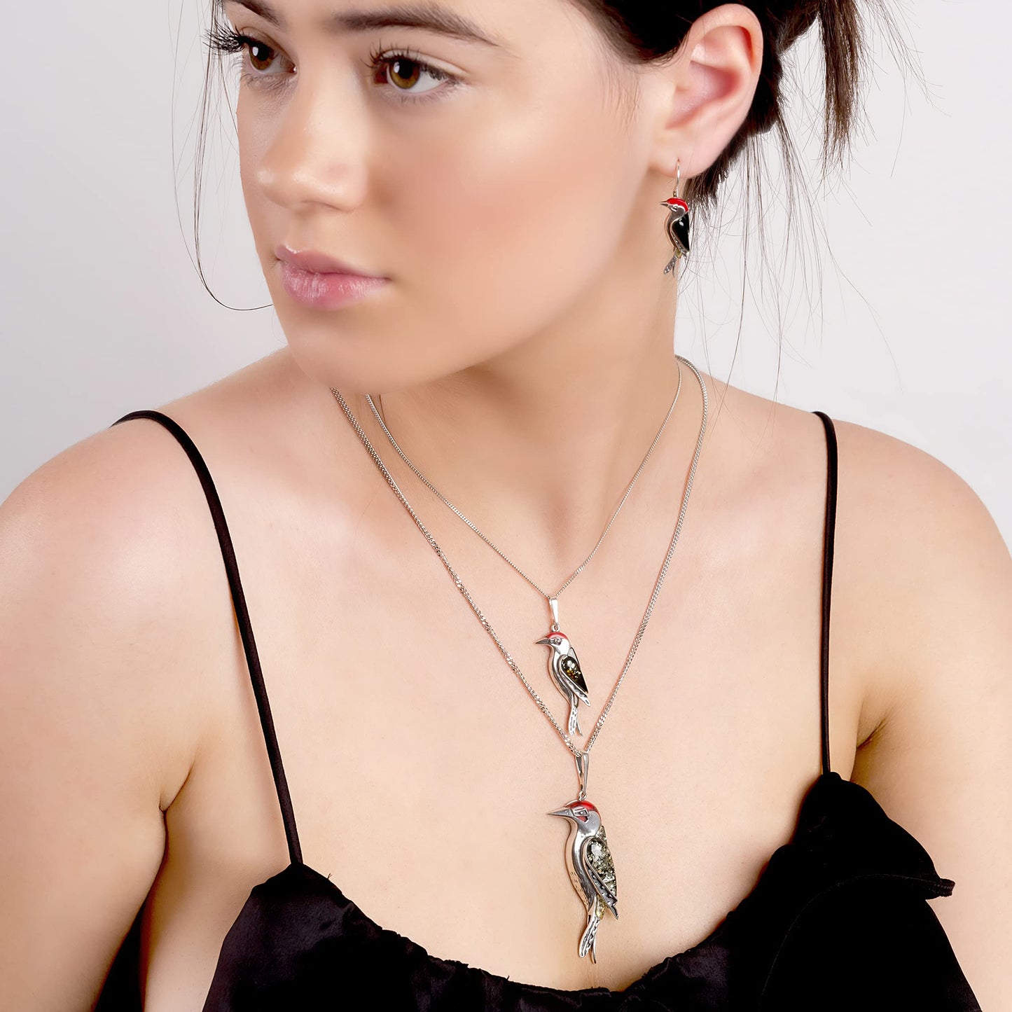 Woodpecker Bird Necklace in Silver, Coral and Baltic Amber