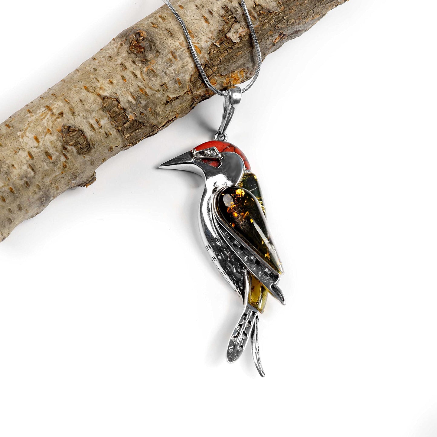 Woodpecker Bird Necklace in Silver, Coral and Baltic Amber