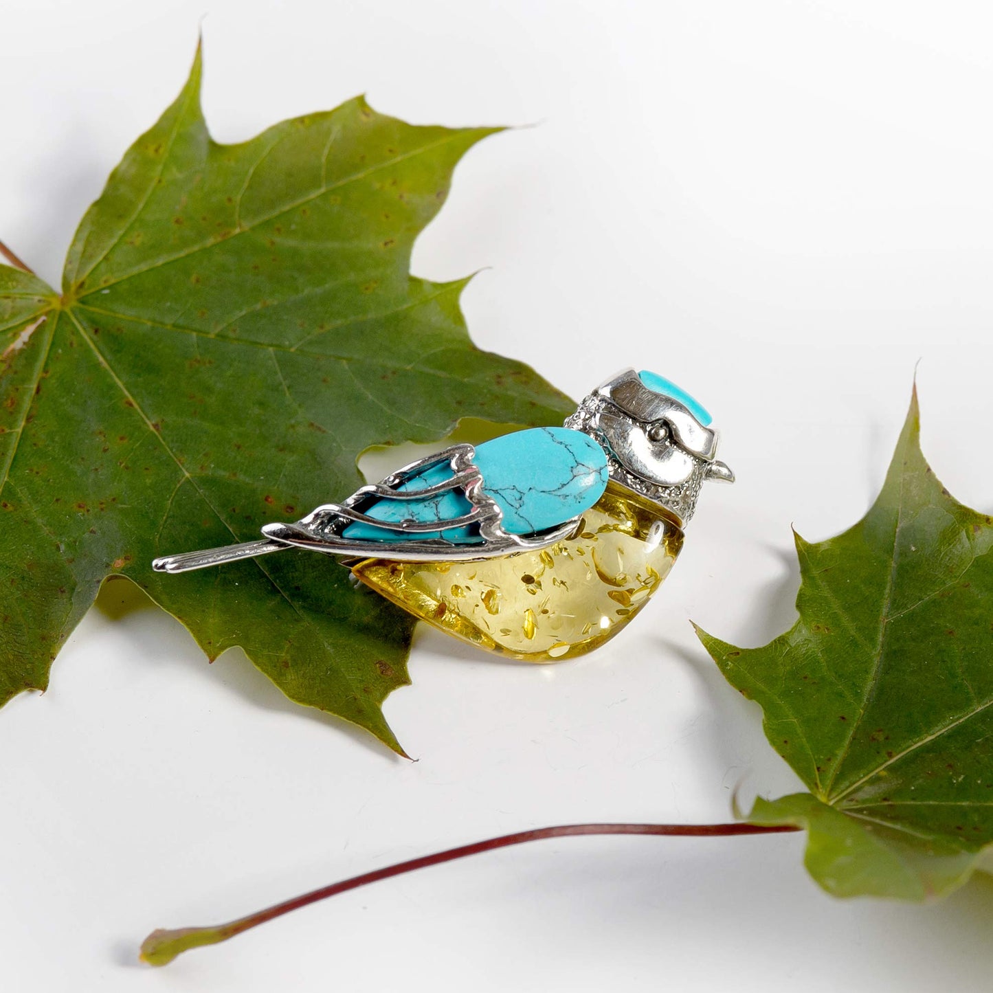 Blue Tit Silver and Gemstone Brooch Pin