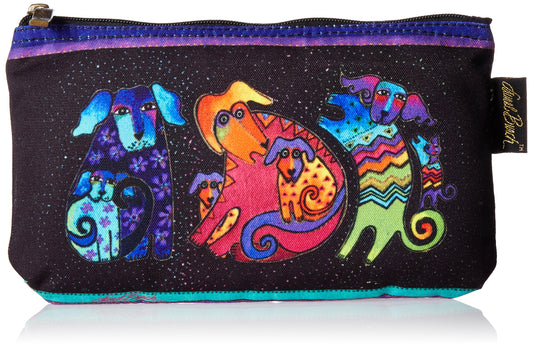 three colourful abstract dogs design on a black cosmetic bag
