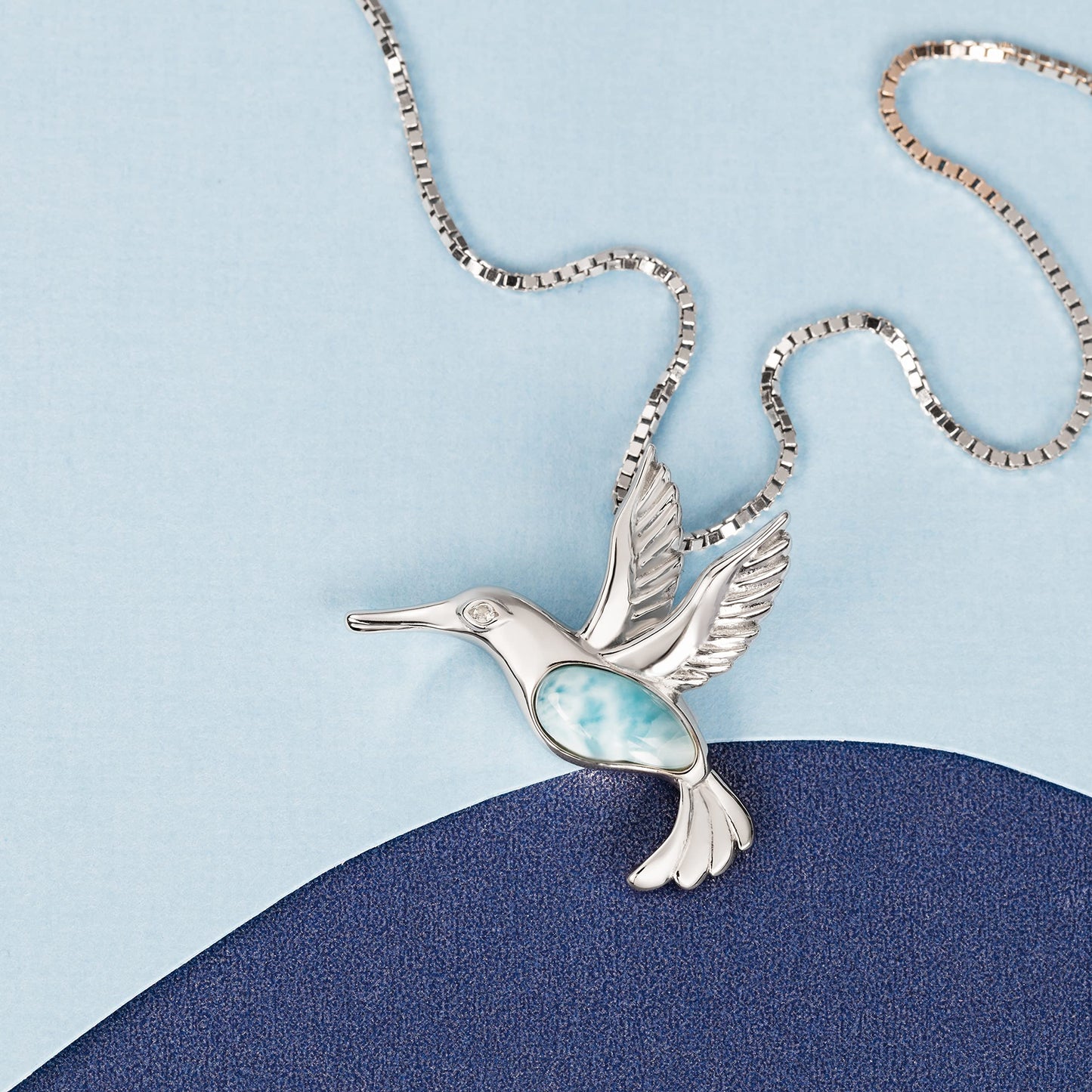 Hummingbird Necklace in Sterling Silver and Natural Larimar