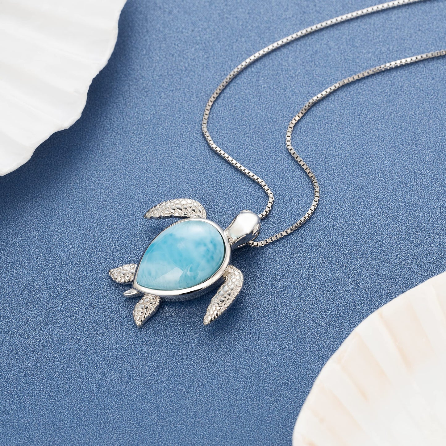 Turtle Design Necklace in Sterling Silver and Natural Larimar