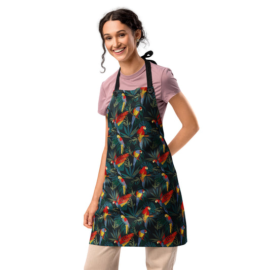 apron decorated with a colourful parrot pattern
