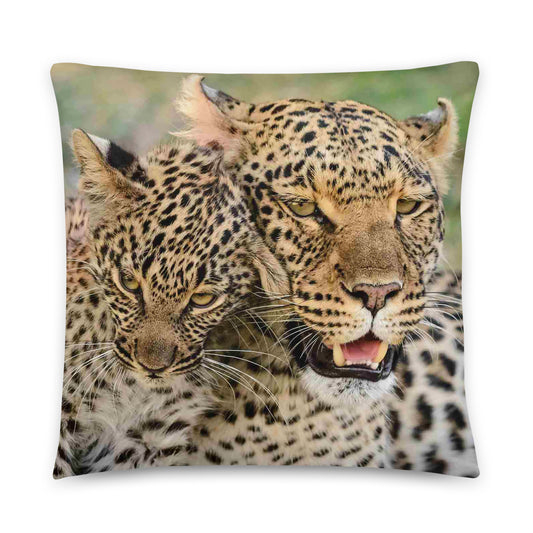 Throw Pillow with a Print of a leopard and Cub