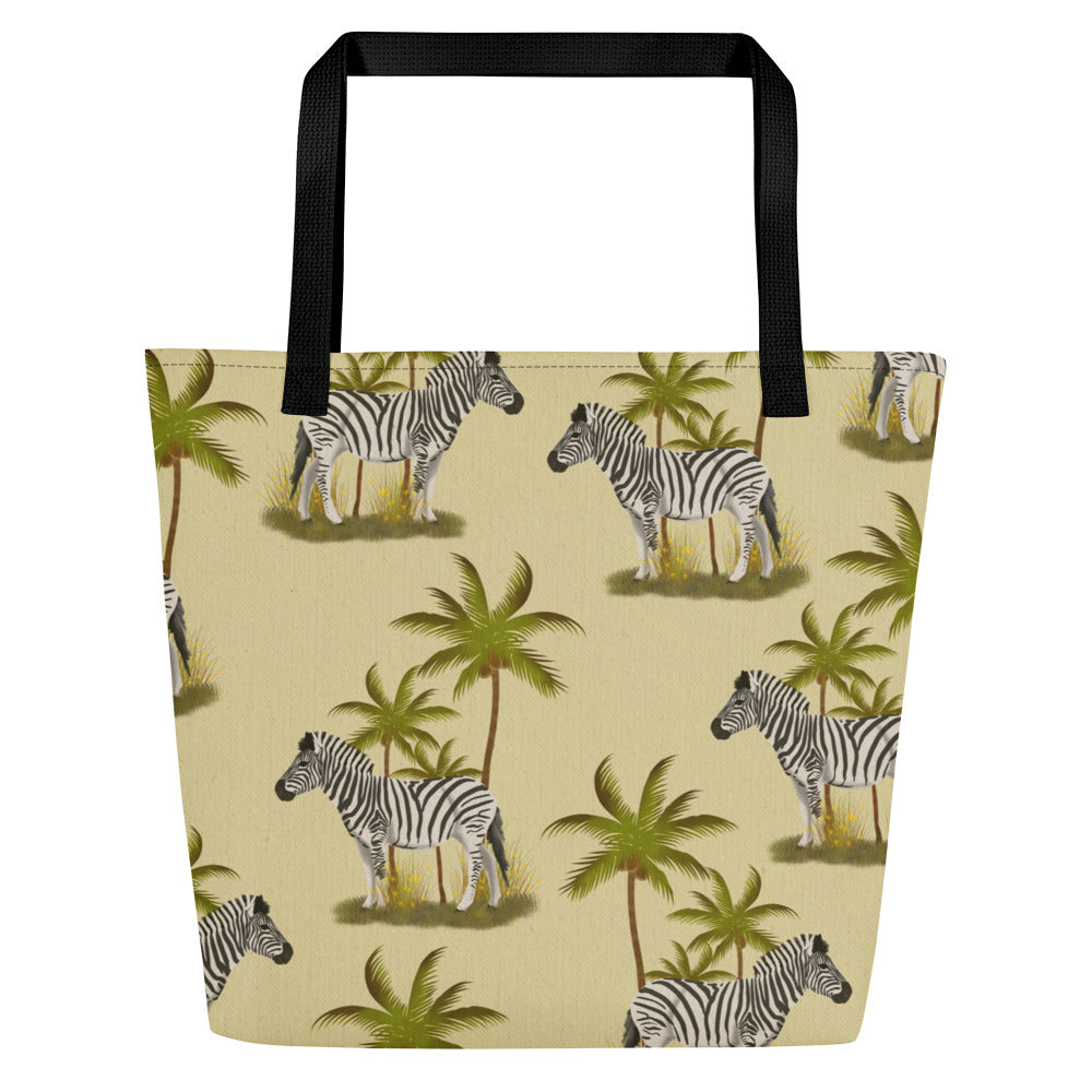 Large Tote Bag Printed with Zebra and Palm Trees.