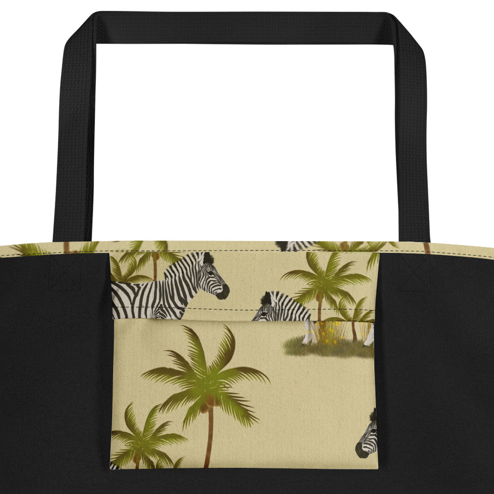 Large Tote Bag Printed with Zebra and Palm Trees.