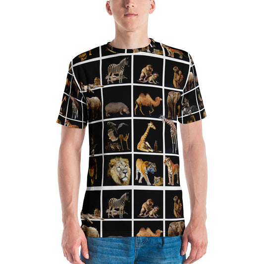 Mens t-shirt printed with a collection of animals at the zoo