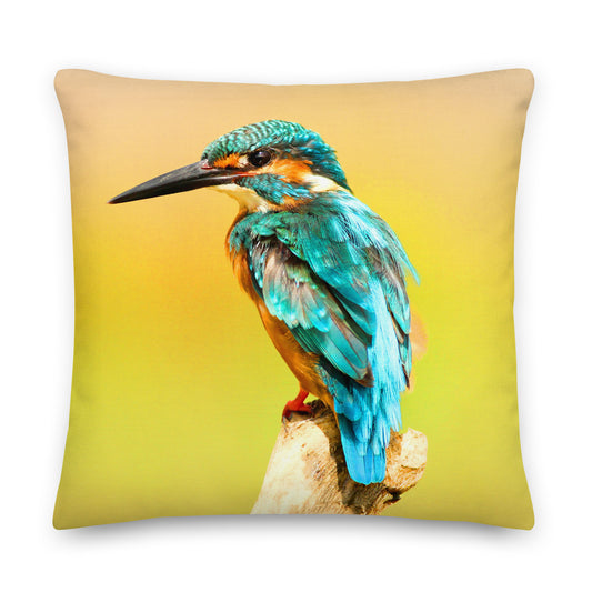 kingfisher portrait design on a yellow cushion