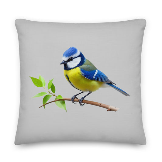 blue tit image on a grey cushion